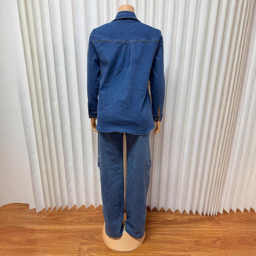European and American new women's clothing loose lapel cardigan long-sleeved straight trousers multi-pocket denim suit