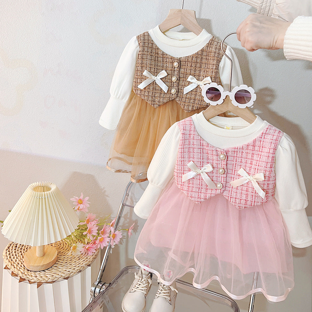 Baby girl dress spring new style little girl fashionable chic spring and autumn girl sweet tulle dress long sleeve dress