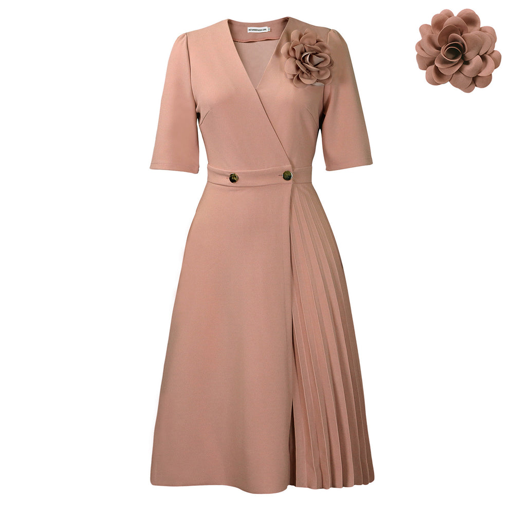 C8628 women's foreign trade summer  v-neck fashion short sleeve solid color elegant pleated african european and american style dress