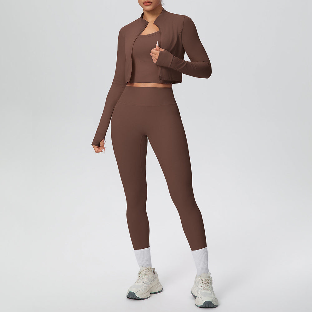 pure color brushed tight high-elastic breathable vest long three-piece set sports running fitness yoga suit