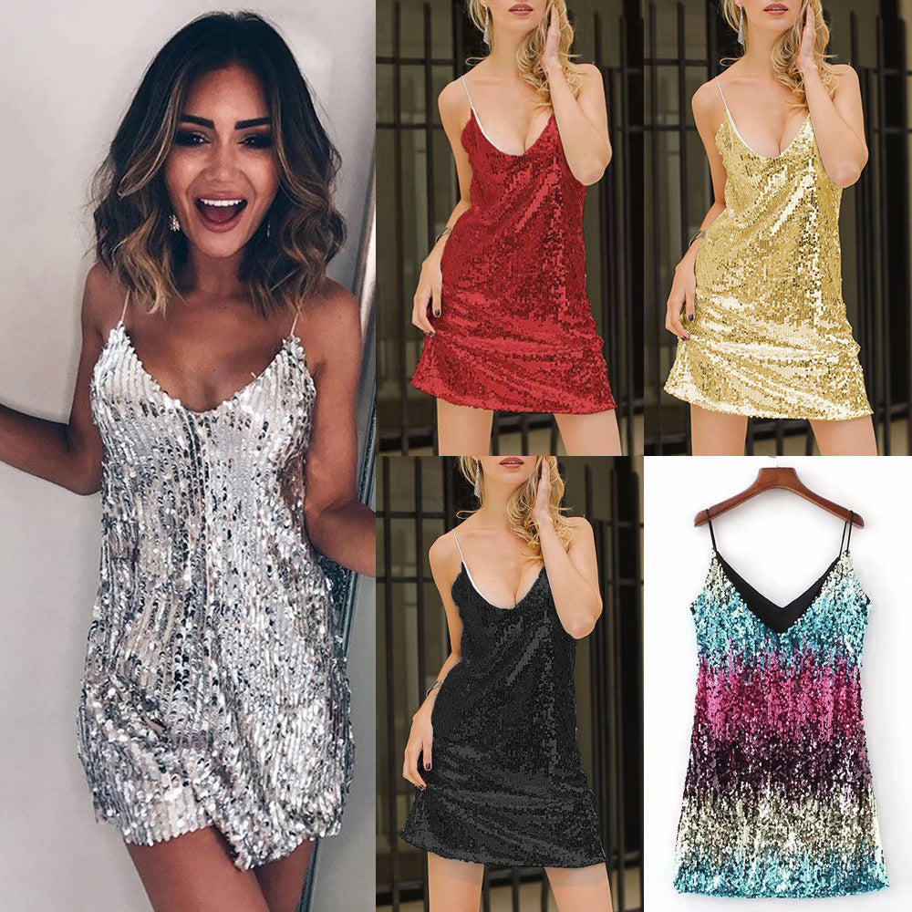 summer new arrivals: european and american style sequin performance dress - sexy, slim-fit, spaghetti strap sequin gown