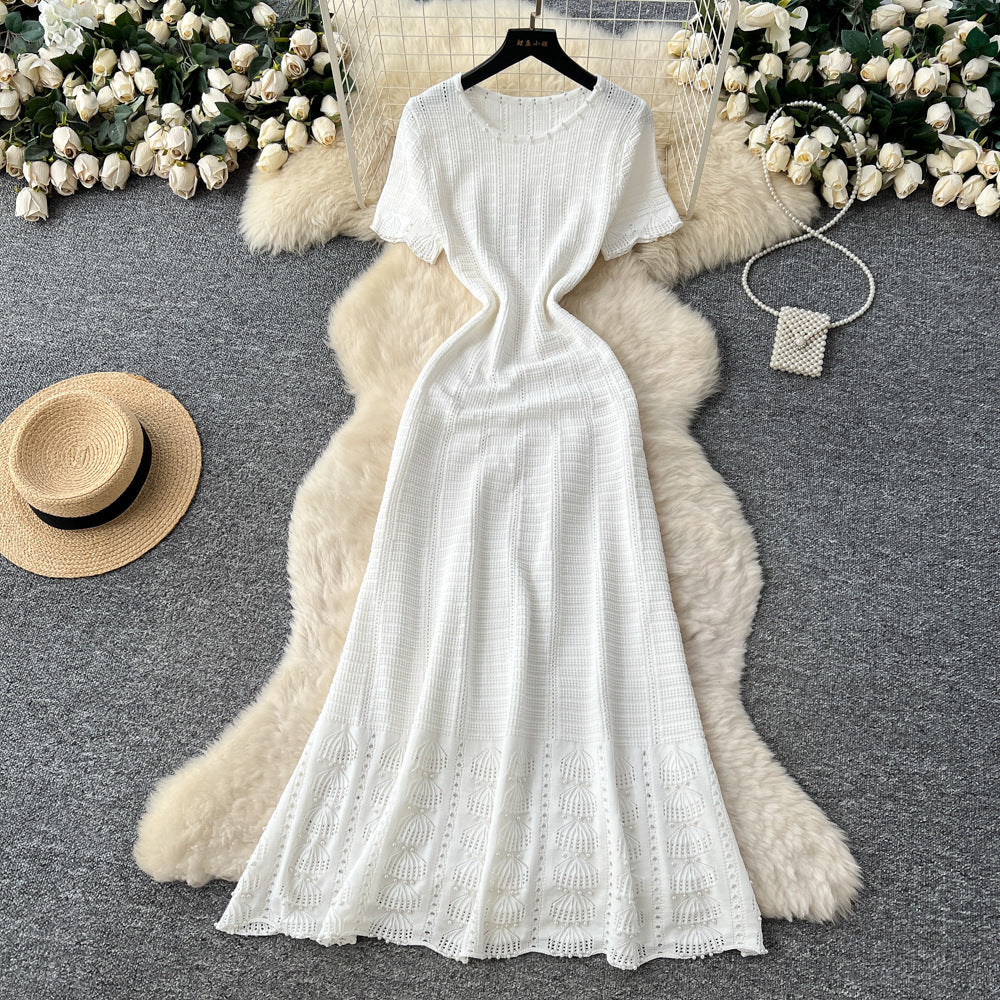 French chic high-end beaded round neck short sleeve hollow-out knit dress - women's slimming waist sweater dress