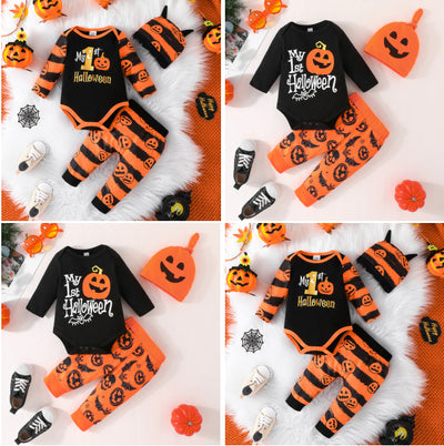 baby halloween pumpkin print long-sleeve romper + pants + hat three-piece set
