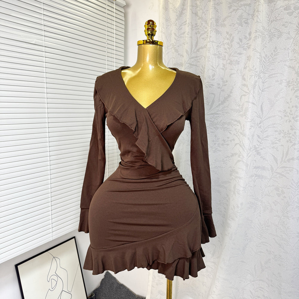 Exportspring & fallnew arrivalrufflesv neck silmlong sleevesdresssexy silm hip-covering waist short skirt dress