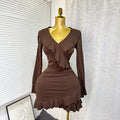 Exportspring & fallnew arrivalrufflesv neck silmlong sleevesdresssexy silm hip-covering waist short skirt dress