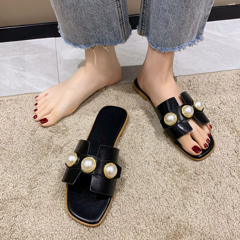 Fashionexportplus size pearl cut out flip-flops women's cross-border wear casual lightweight low-heeled square-toe sandals
