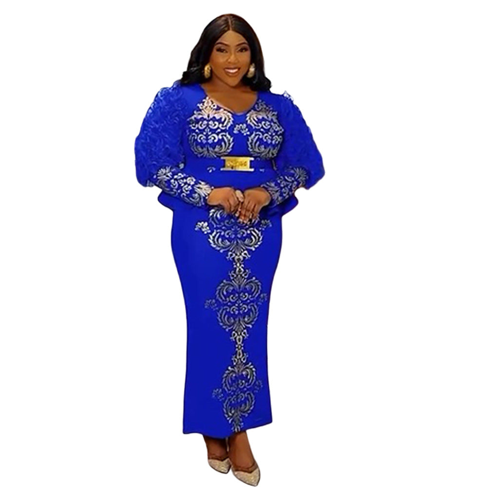 women's plus size dress, foreign trade african style  new hotfix rhinestone beaded v-neck evening gown