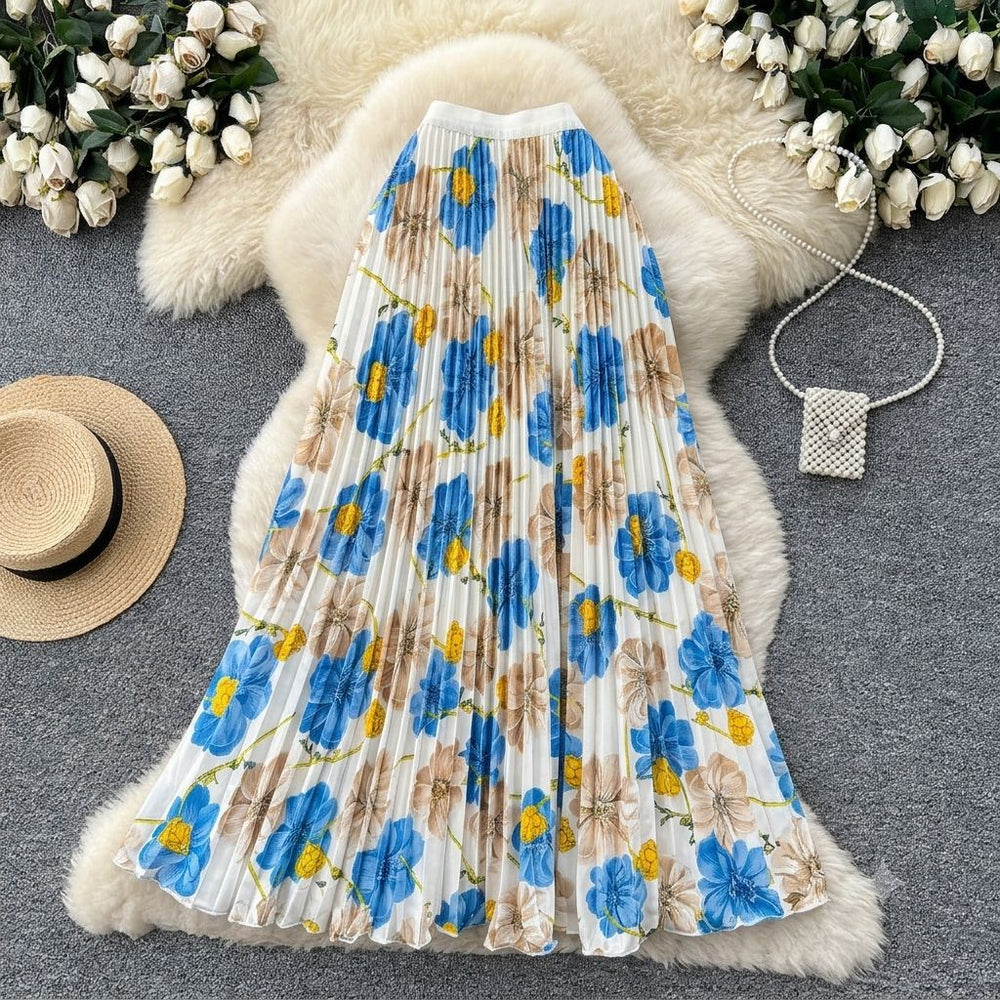 Vintage print pleated elastic waist fashion skirt - women's high-waisted a-line skirt - commute-friendly, flowy maxi skirt for summer