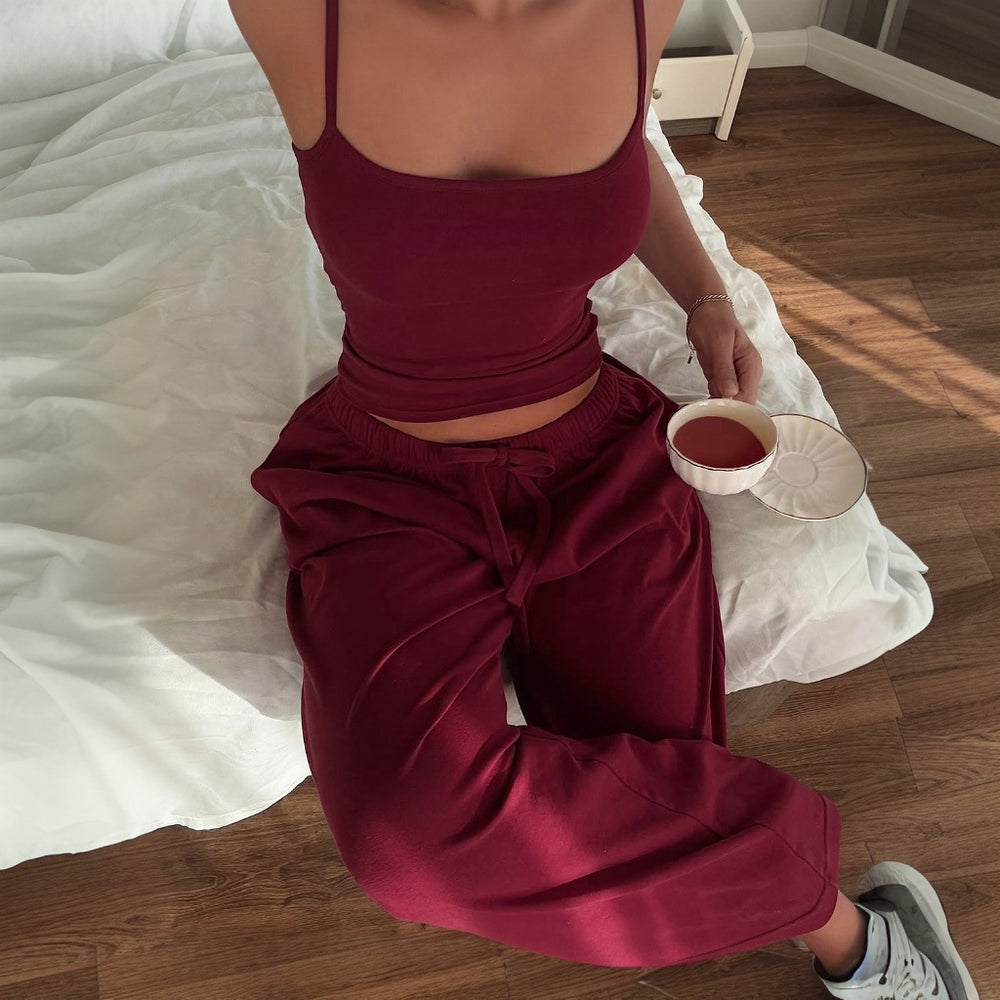 Fashion style cross-border new arrival women's fashion silm sling elastic drawstring sexy waist wide leg loosesuit women
