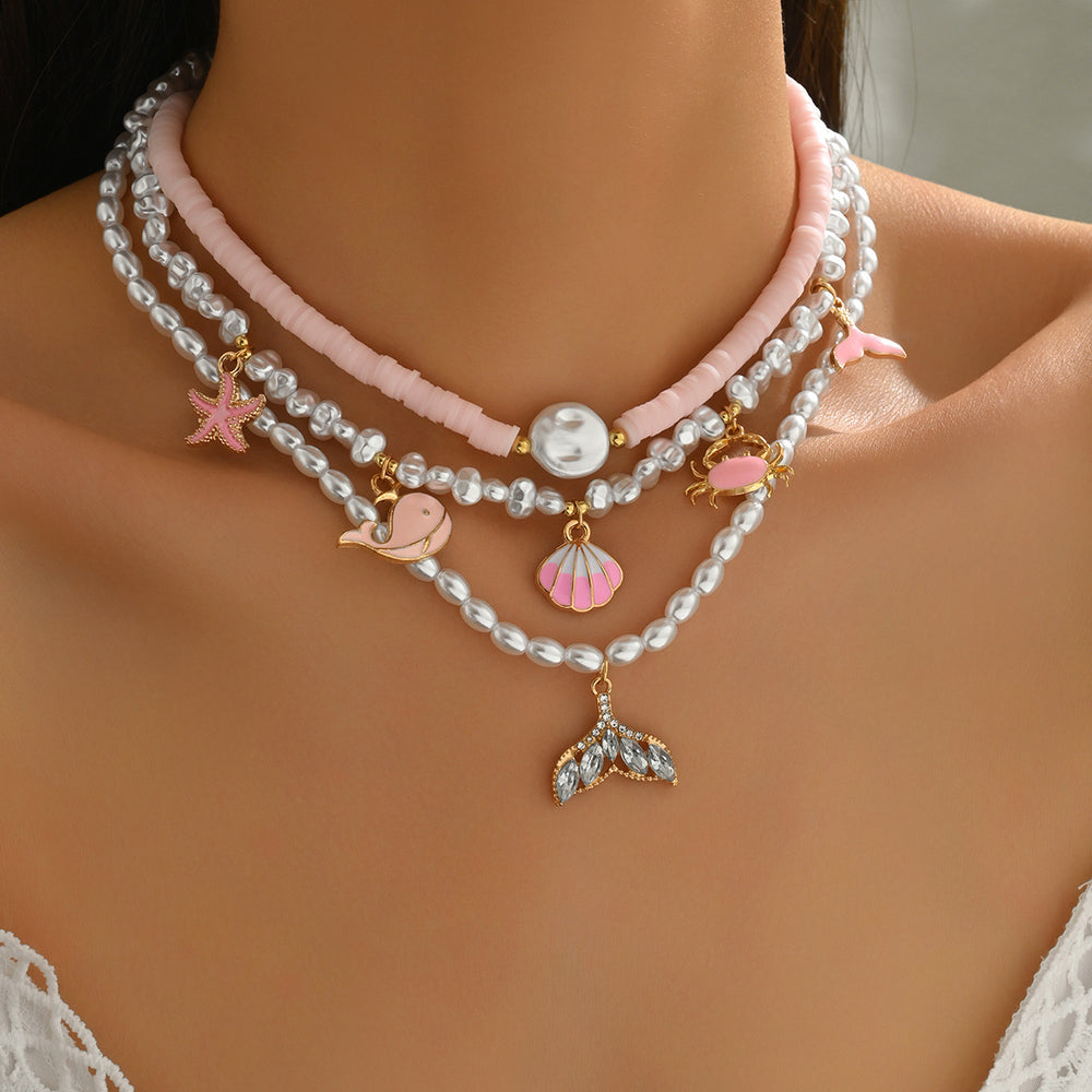 European and american cross-border beach style polymer clay faux pearl layered necklace - irregular design seashell starfish jewelry necklace for women