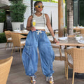 European and american style loose jeans  cross-border women's clothing street casual shirringtie back elastic waist harem pants