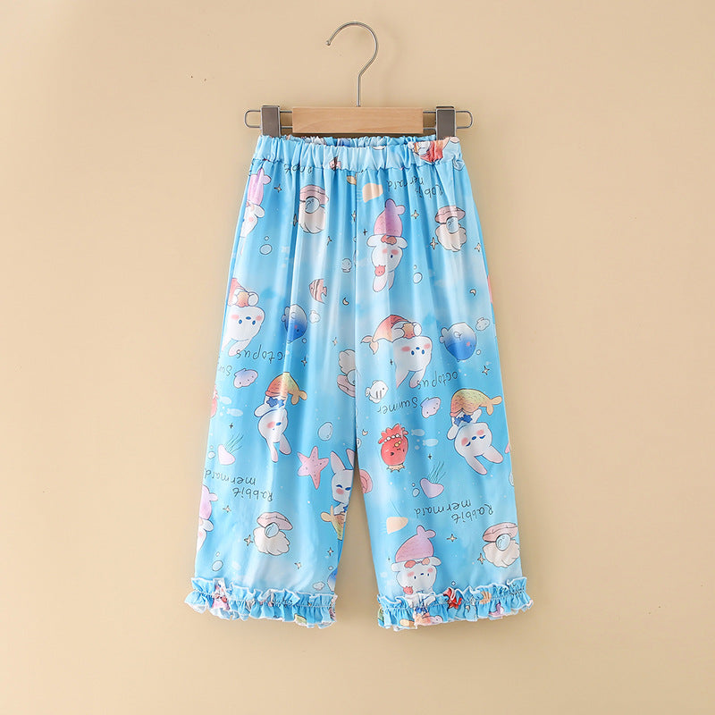 Girls' rayon summer lightweight pajama pants - cartoon print, loose fit, breathable, can be worn outdoors, cropped length