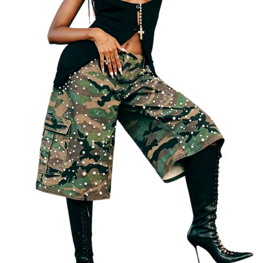 S391539 cross-border women's heavy industry pearl rhinestone camouflage workwear denim mid-pants american multi-pocket half-length pants