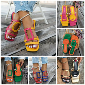 European and american cross-border summer new color block plus size slippers, stylish and minimalist casual flat sandals for women, size 43