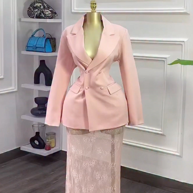 Fashion cross-border women's clothing  spring new arrivalelegant waist buttoned suit outwearlace skirt suit