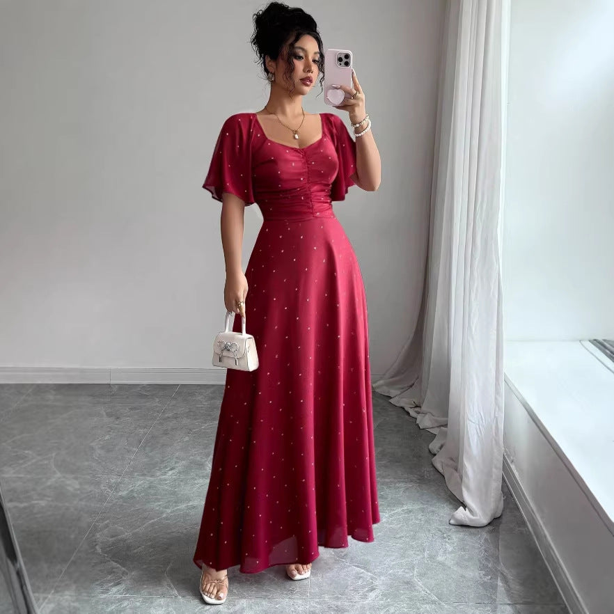 european and american cross-border summer women's slimming french square neck maxi dress