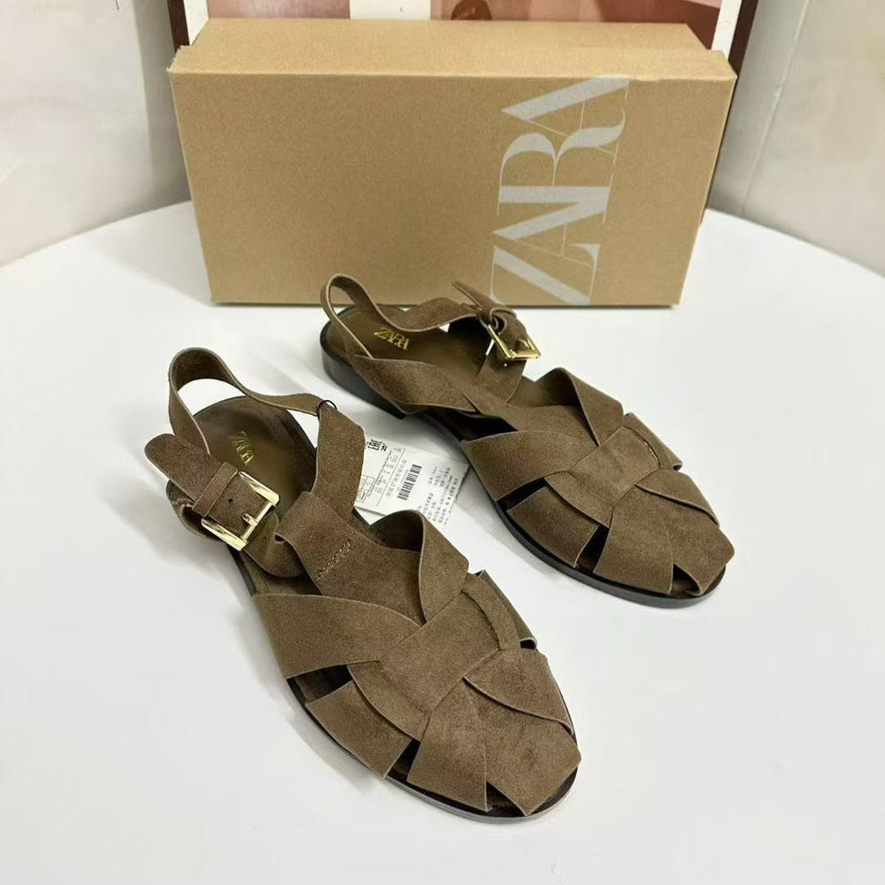Za2025summernew arrivalcut out round toe sandals women's bag toe easiest for match lightweight plaidflats roman beach women's shoes