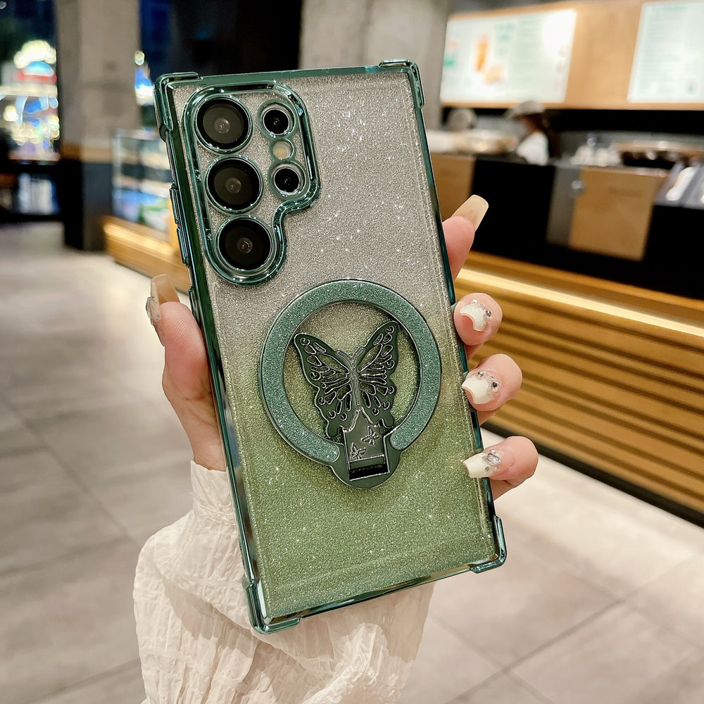 Samsung s25u butterfly glitter stand magnetic phone case, compatible with s26p, four-corner airbag anti-drop a07 protective cover