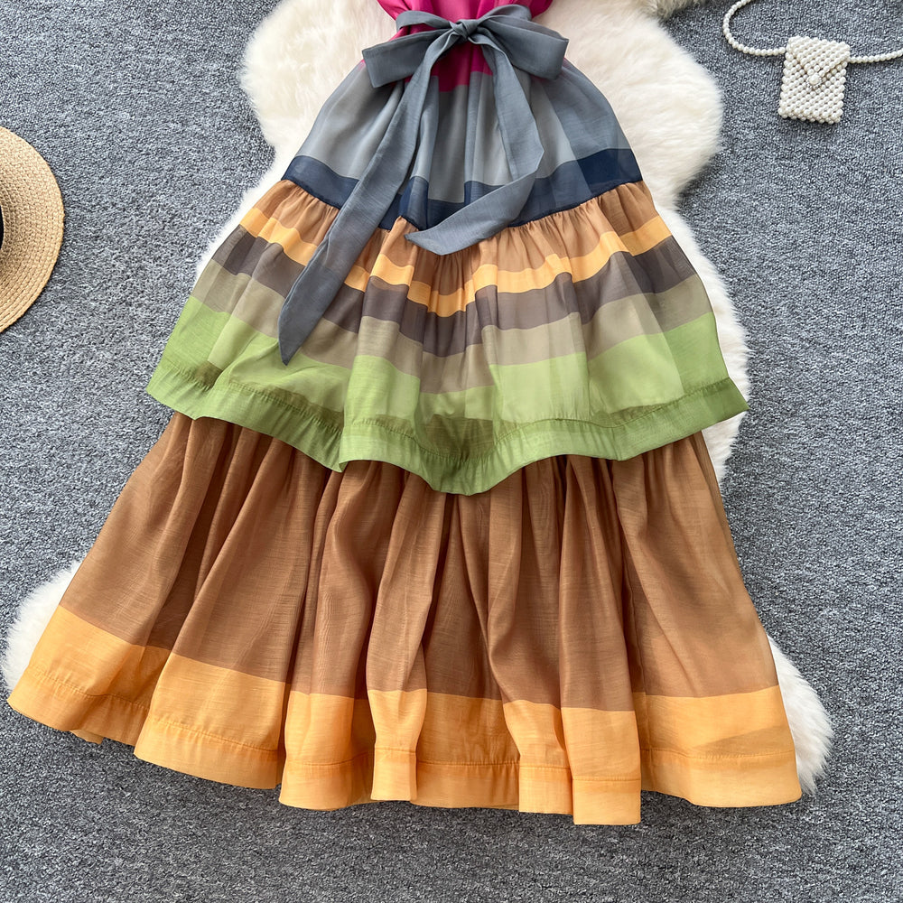 2025 summer women's french chic dress - high-end tie-waist, color block, ruffle hem maxi dress