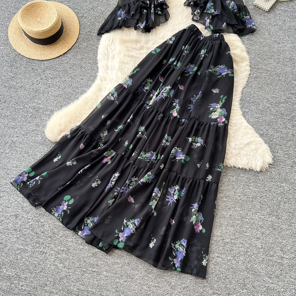 French holiday style one shoulder floral tops high waist skirt women's summertwo-piece set atmosphere elegantsuit
