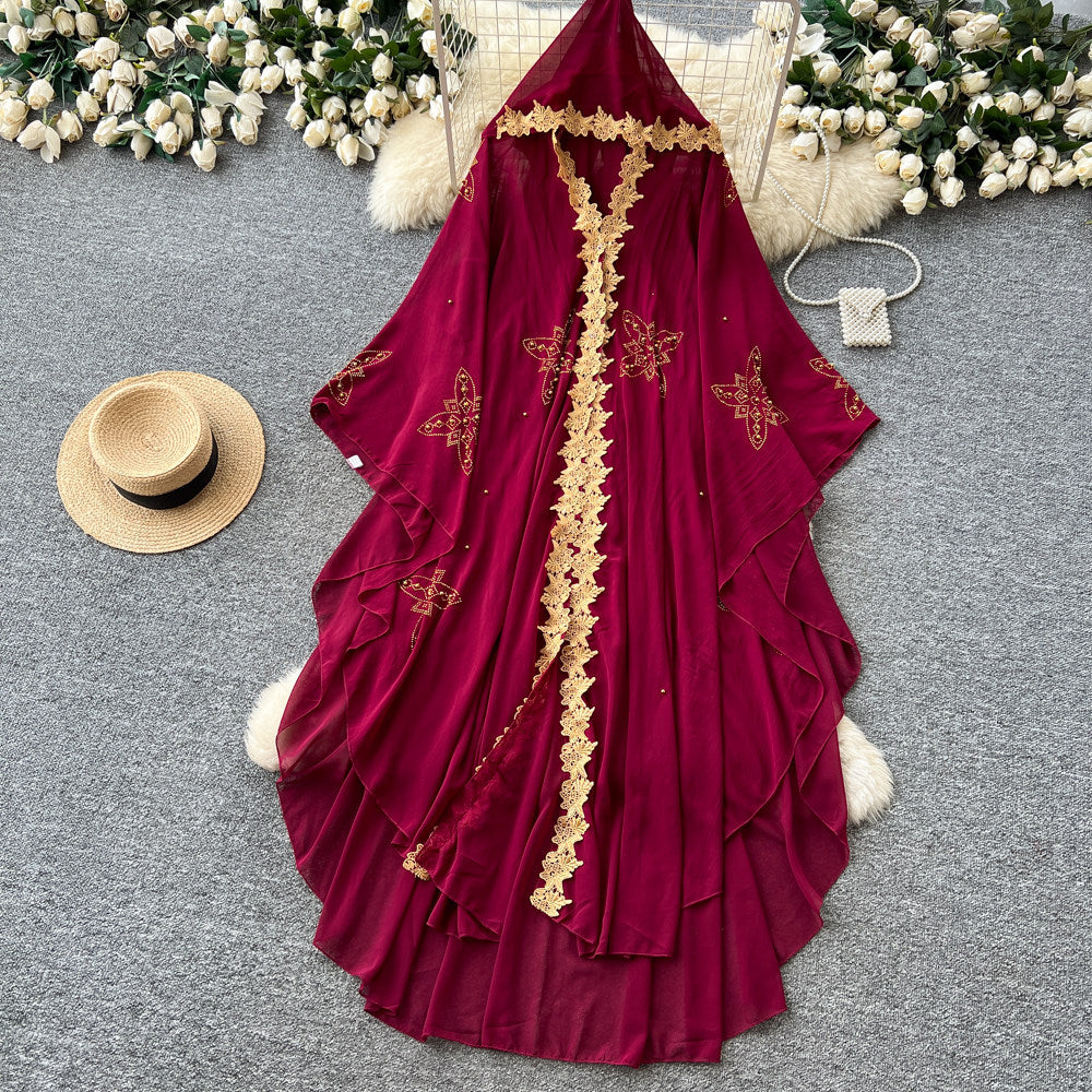 French-style, heavily embellished beaded v-neck hooded dress for women, perfect for spring. features a wine-red, asymmetrical hemline, exuding a sophisticated and elegant vibe