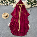 French-style, heavily embellished beaded v-neck hooded dress for women, perfect for spring. features a wine-red, asymmetrical hemline, exuding a sophisticated and elegant vibe