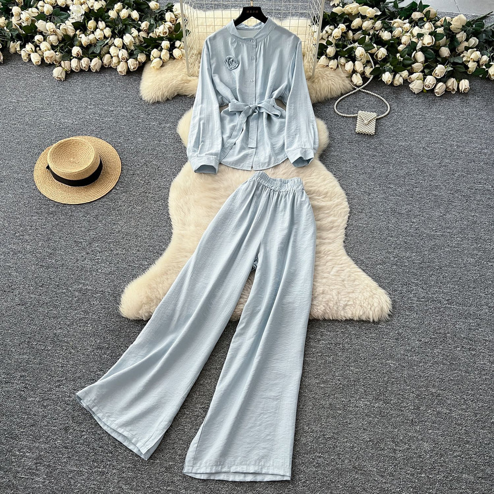 Casualsuit women's light mature style classy sense of strap flower long sleevesshirthigh waistloose pantsstraight-leg pantsfashionsuit