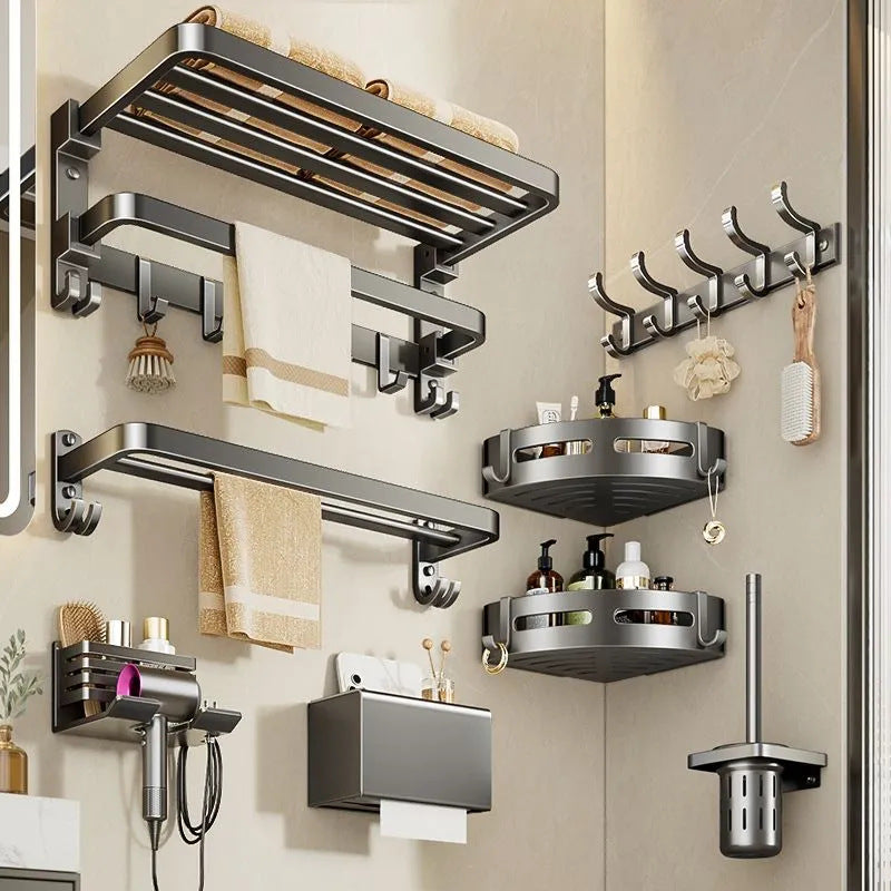 Gun gray bathroom punch-free towel rack wall-mounted bathroom toilet storage rack bath towel rack bathroom storage rack