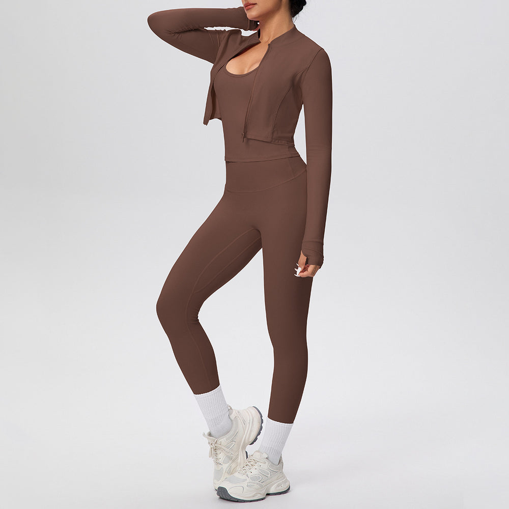 brushed tight drawstring halter vest nine-point long three-piece set sports running fitness yoga suit