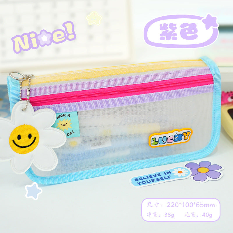 New cute fun contrasting color transparent stationery bag large capacity pencil bag high value simple primary and secondary school student stationery mesh bag