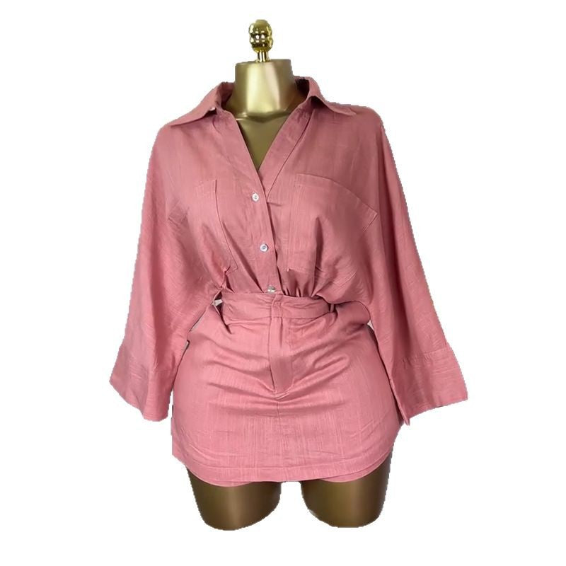 European and american women's clothing  summer new collection: sweet and fresh turn-down collar batwing sleeve blouse with high-waisted midi skirt two-piece set