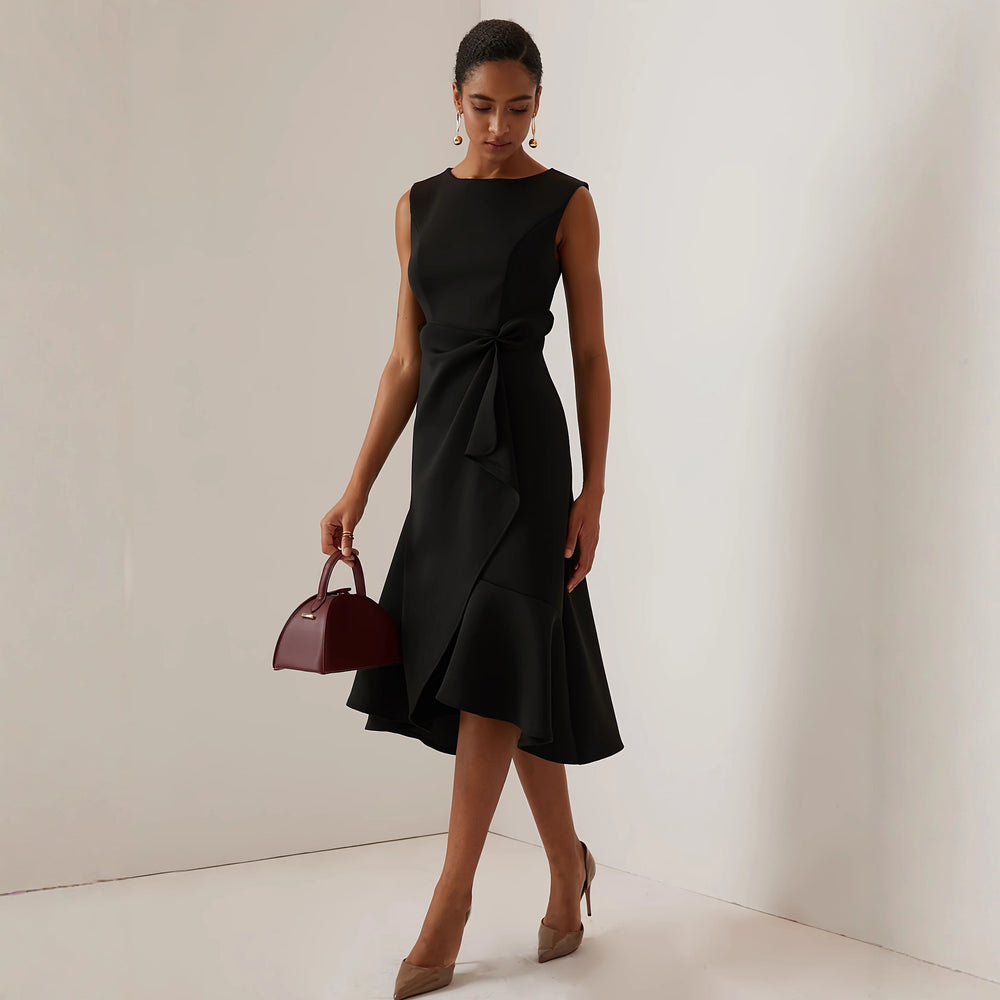 fashion elegant boat neck ruffle hem solid color midi dress - spring/summer dress