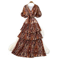 Frenchv neck green pleated dress women's summer k-style waist slimming look a-line cake long skirt dopamine style