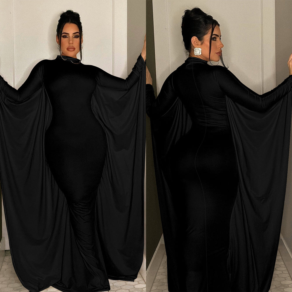 C6575 cross-border   fashion women's solid color batwing long sleeve maxi dress