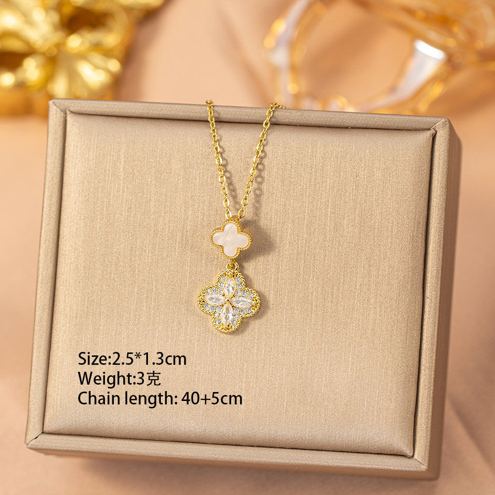 【titanium steel】trendy & chic copper inlaid zircon four-leaf clover necklace - women's high-end, lightweight luxury, tarnish-resistant choker jewelry
