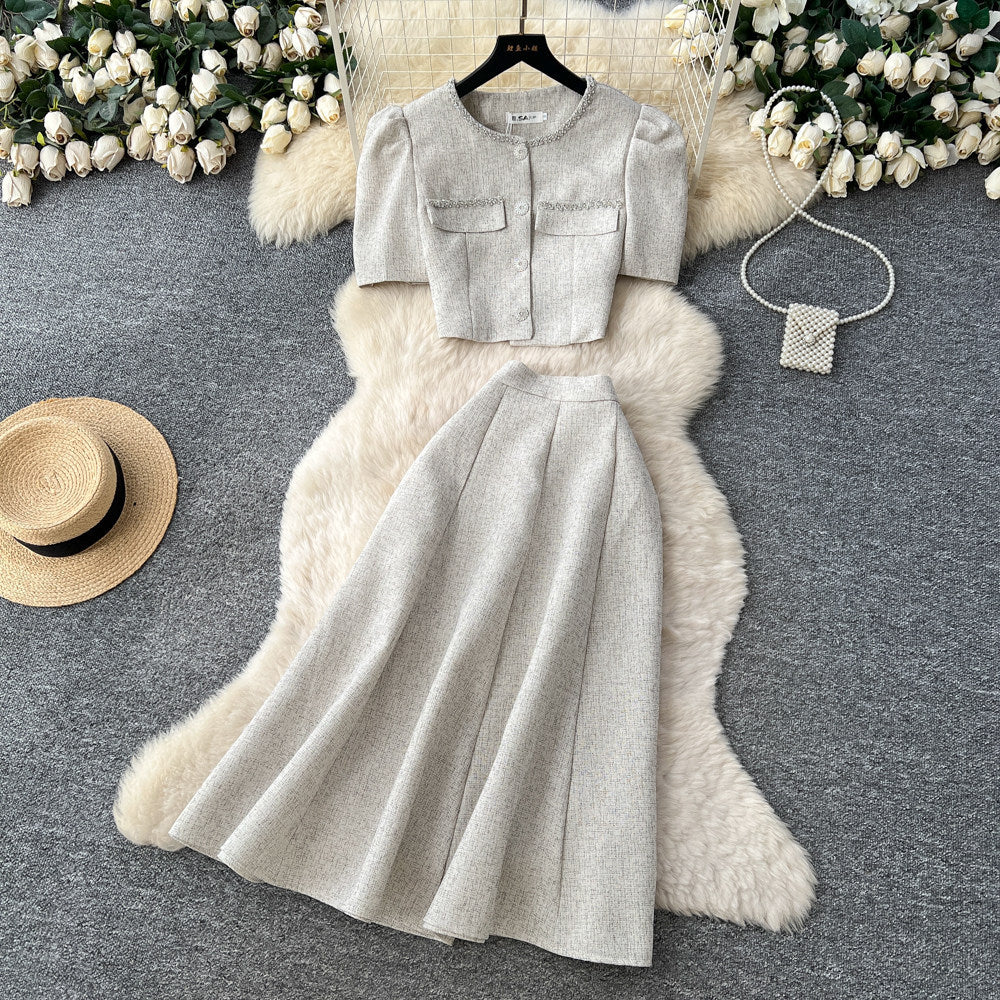 Gentle socialite style diamond-encrusted small fragrance two-piece set female autumelegant puff sleeve topshigh waistslimming look skirt suit