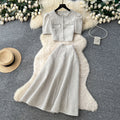 Gentle socialite style diamond-encrusted small fragrance two-piece set female autumelegant puff sleeve topshigh waistslimming look skirt suit