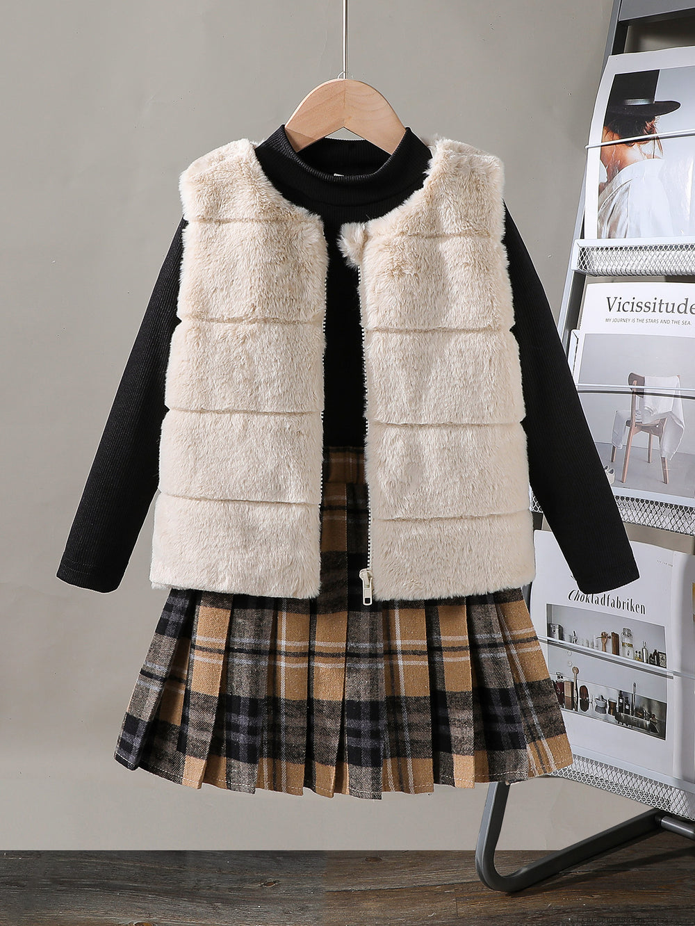 new summer cross-border fashion girls' fuzzy vest + knitted top + a-line skirt three-piece set