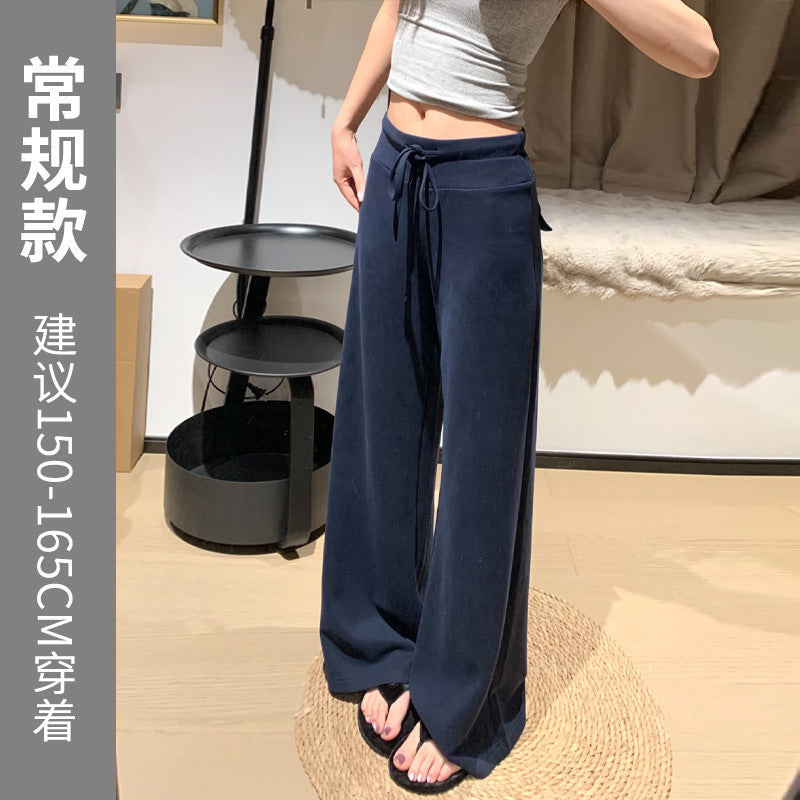 Navy blue wide-leg pants for women - autumn collection, lightweight high-waisted, drapey, slimming, loose fit, straight leg, casual sweatpants/sports pants (suitable for summer)
