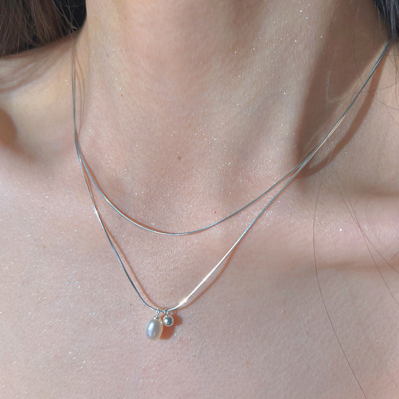 Simple double-layered natural pearl necklace for women, ins cool style, fashionable stylish clavicle chain, versatile and high-end
