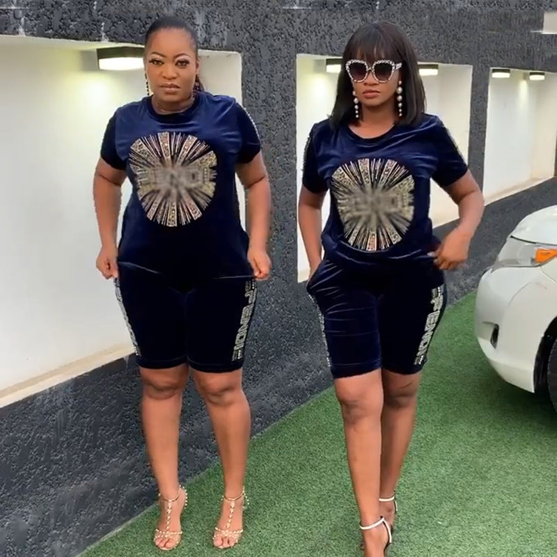 Export african women's sportswear set - t-shirt and shorts outfit with rhinestone lettering and beaded embellishments - casual, fashionable european and american style clothing
