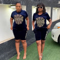 Export african women's sportswear set - t-shirt and shorts outfit with rhinestone lettering and beaded embellishments - casual, fashionable european and american style clothing