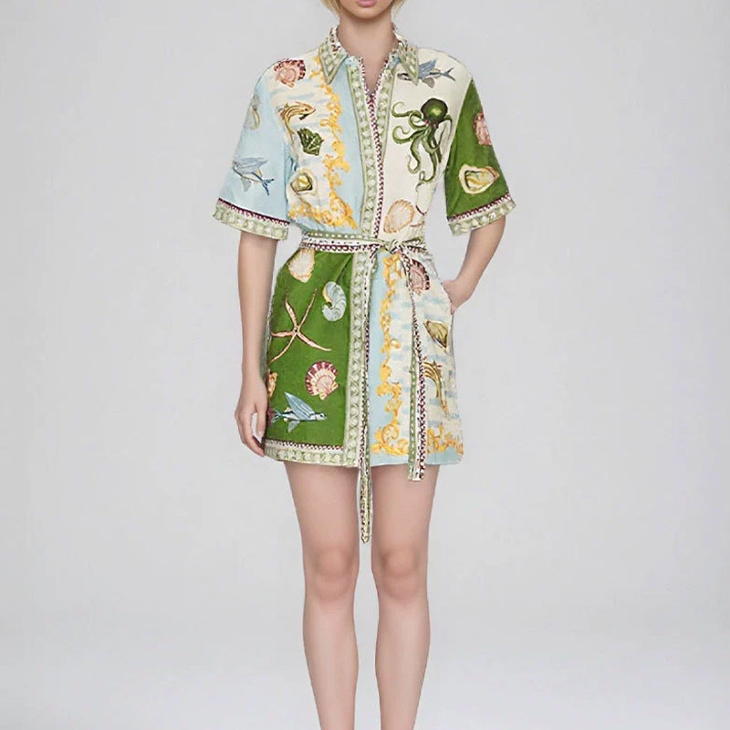 cross-border e-commerce european and american women's clothing: new summer collection - fashionable plant print, collared, tie-waist mini dress