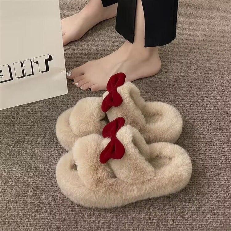 Fairy-style bowknot fuzzy slippers for women, premium autumn/winter 2024, perfect for student dorms and office use, cotton slippers