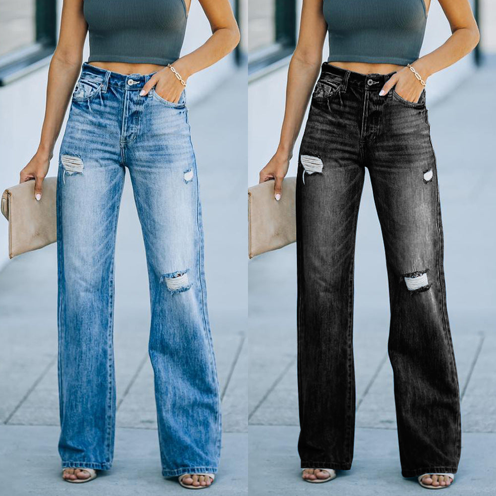 Fashion cross-border independent station new arrival  casual pants slimming lookelegant ripped denim loose pants pants for women trendy