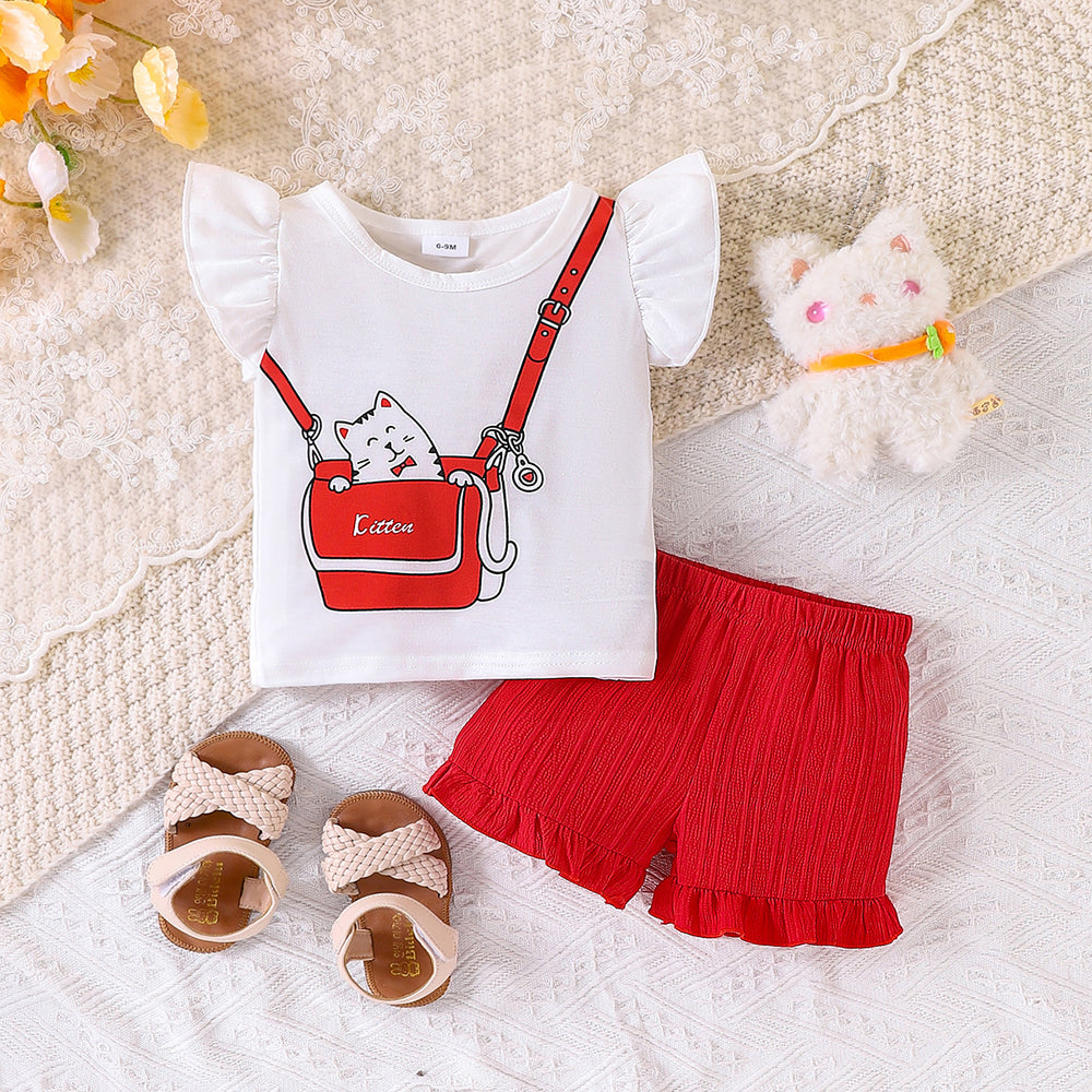 Children's clothing  fashion children's clothing kitten pattern white t-shirt + green shorts for women