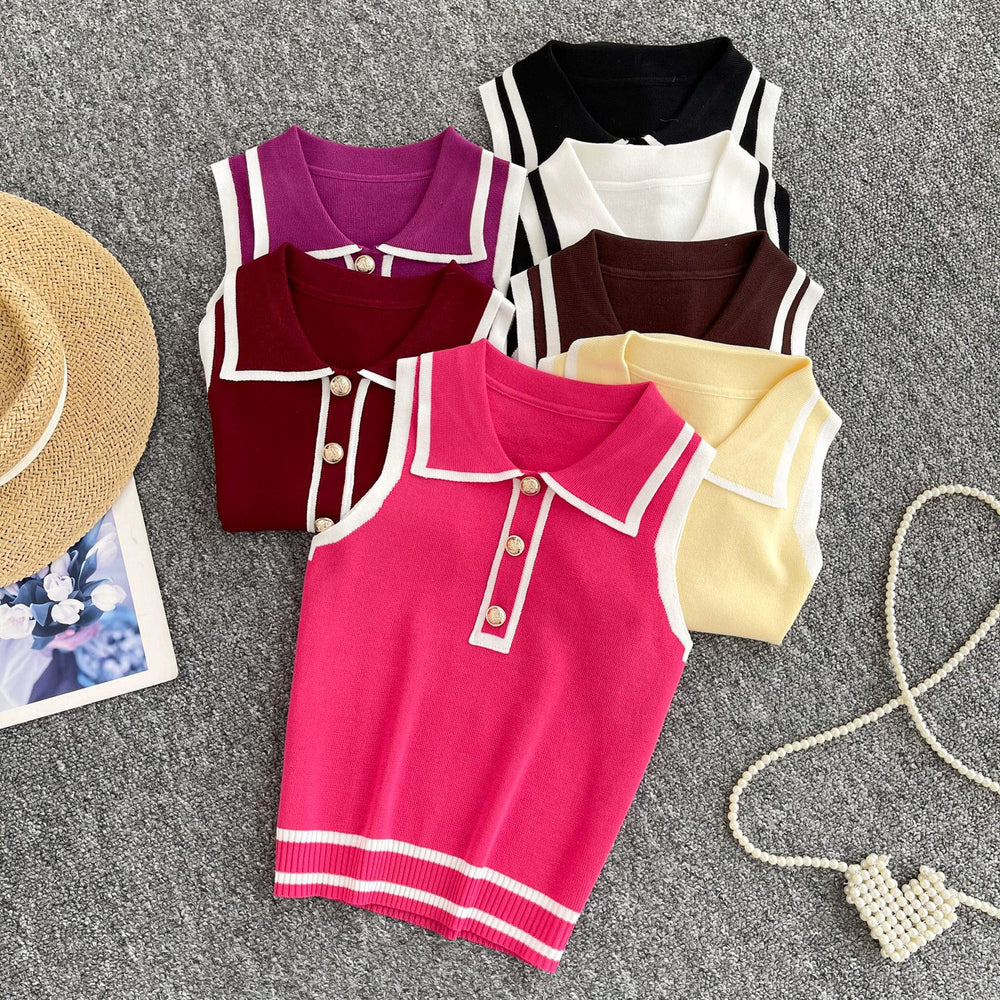 Minimalist striped knit sleeveless tank top for women - summer lapel, slim fit, figure-flattering design, chic and stunning, petite-friendly top