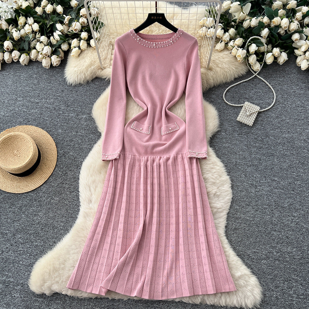 French style beaded round neck long sleeve knitted dress with cutout crochet detail and cinched waist - perfect for layering or as a long sweater dress