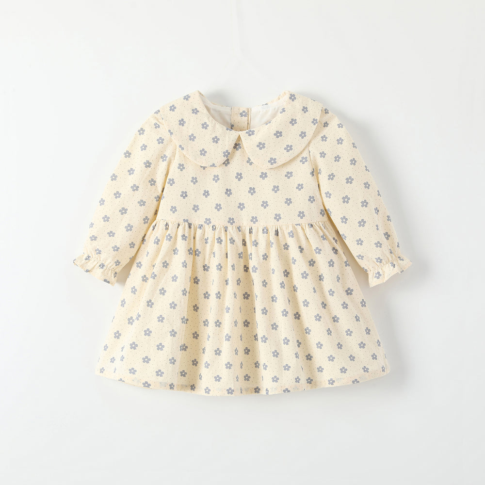 Girls' autumn dress: stylish princess dress for baby girls, fashionable long-sleeved floral print with turn-down collar, new spring and autumn collection
