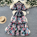 French riviera style printed short-sleeve pleated dress - women's summer v-neck, cinched waist, tie-up maxi dress - high-end, slimming fit